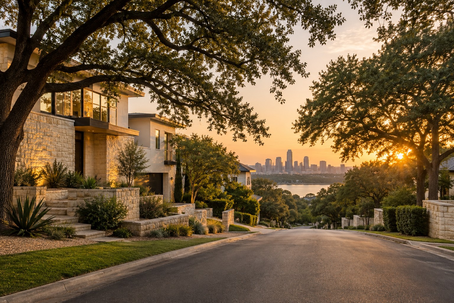 An upscale Austin, Texas neighborhood street at golden hour